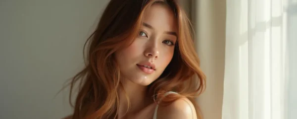 Portrait d'une femme avec une coloration professionnelle brillante et naturelle dans un cadre épuré et élégant sans texte ni logos