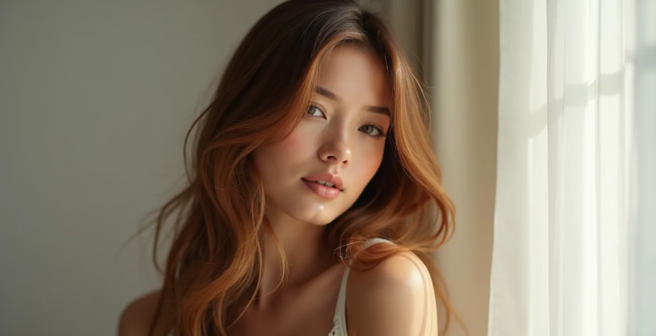 Portrait d'une femme avec une coloration professionnelle brillante et naturelle dans un cadre épuré et élégant sans texte ni logos