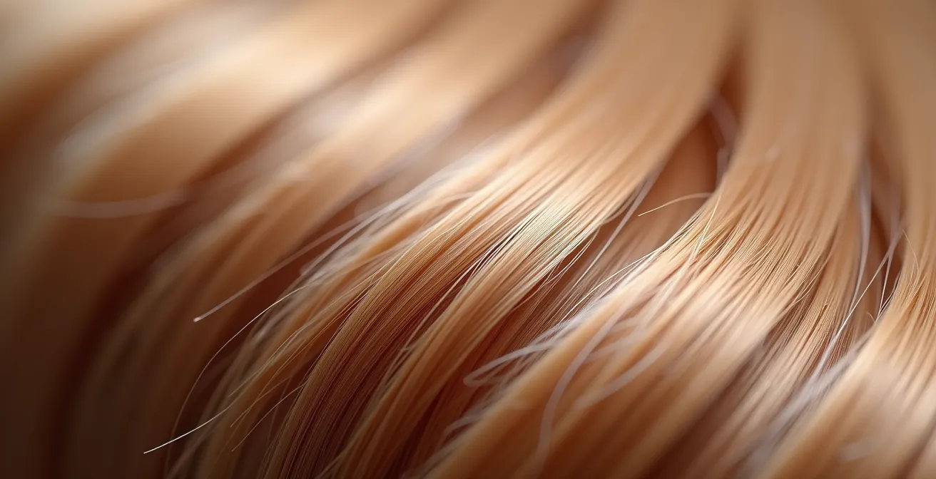 Gros plan macro sur une fibre capillaire lisse et saine après coloration professionnelle