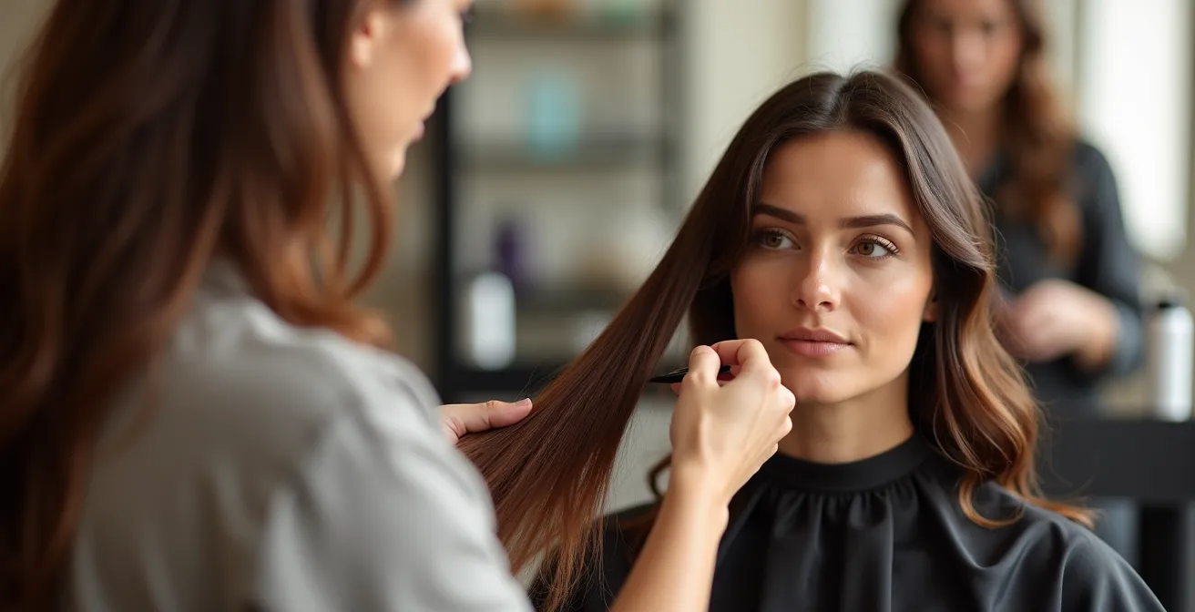 Coiffeur appliquant une coloration de façon précise et uniforme dans un salon moderne et lumineux