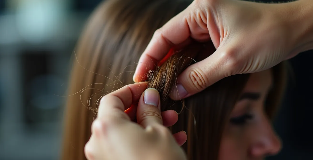 Gros plan sur les mains expertes d'un coiffeur examinant la texture des cheveux