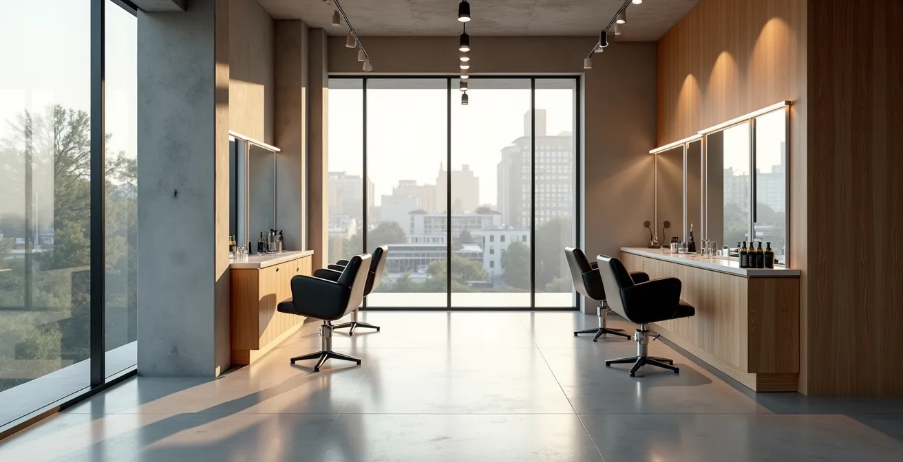 Vue large d'un salon de coiffure épuré avec architecture moderne