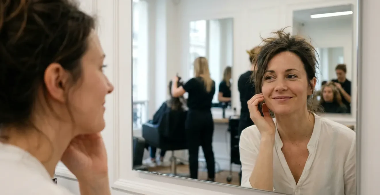 Femme découvrant sa nouvelle coupe de cheveux devant un miroir