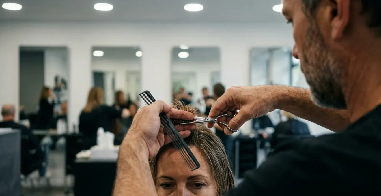 Coiffeur expert réalisant une coupe de précision en salon