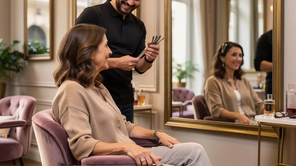 Cliente détendue en consultation coiffure dans un salon élégant de Neuilly-sur-Seine