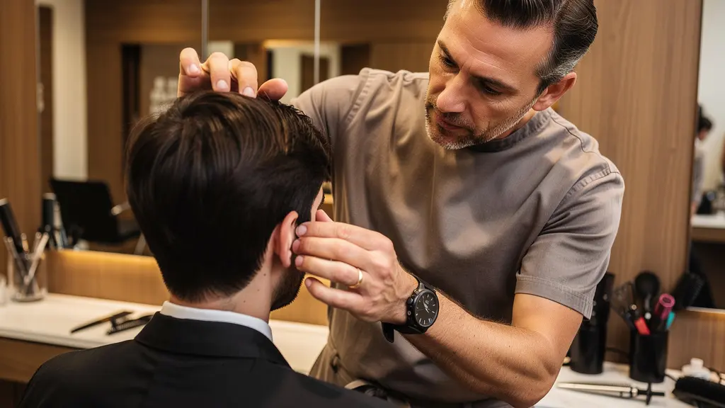 Coiffeur professionnel examinant la texture des cheveux d'une cliente avec attention