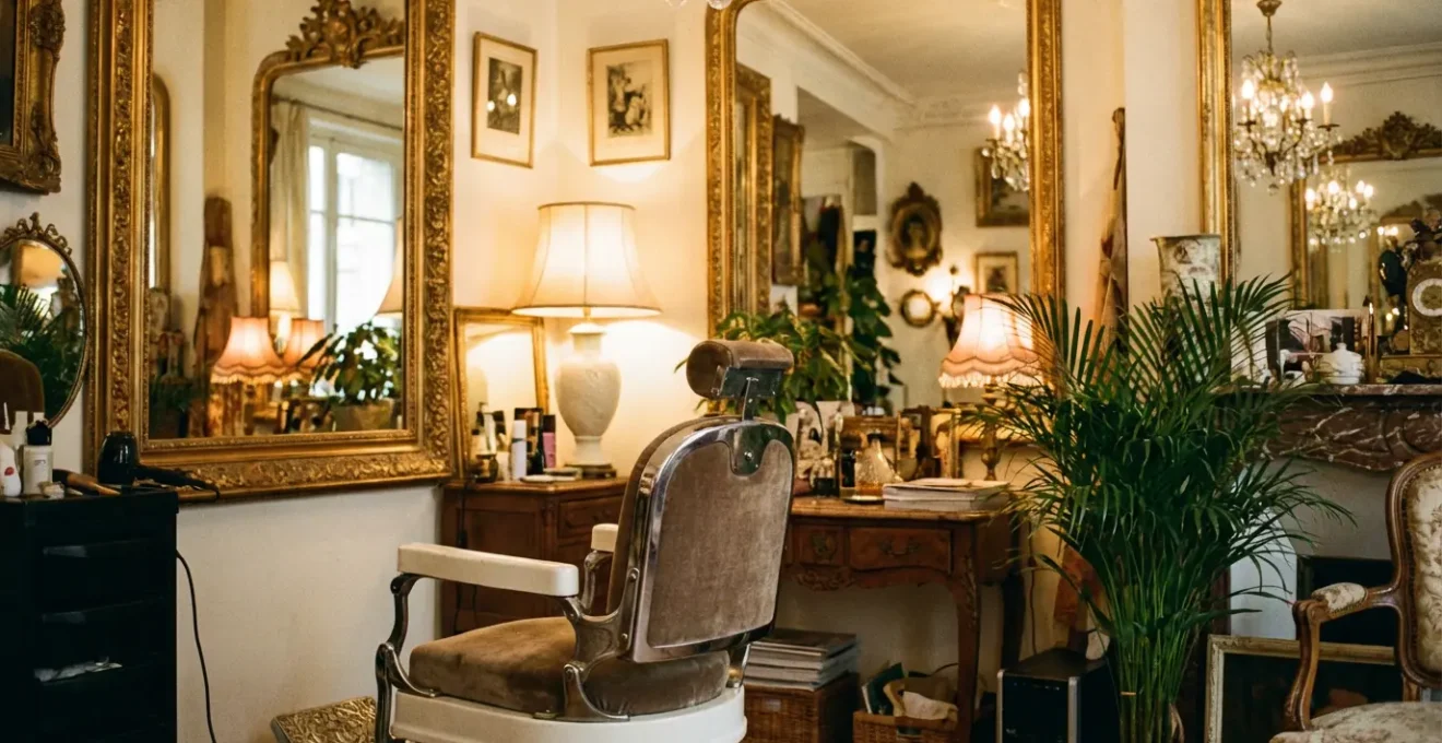 Intérieur salon de coiffure style boudoir chic à Neuilly-sur-Seine