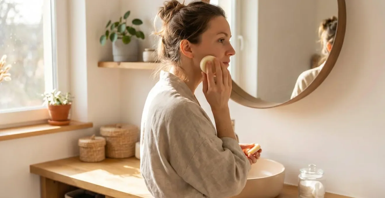 Femme appliquant un soin visage solide bio artisanal sur sa peau dans une salle de bain épurée