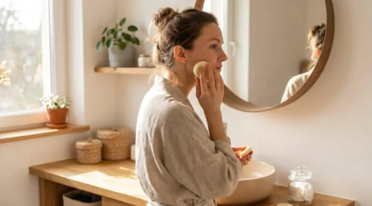 Femme appliquant un soin visage solide bio artisanal sur sa peau dans une salle de bain épurée