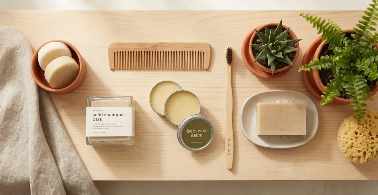 Routine beauté zéro déchet avec savons solides et accessoires naturels disposés sur une tablette en bois