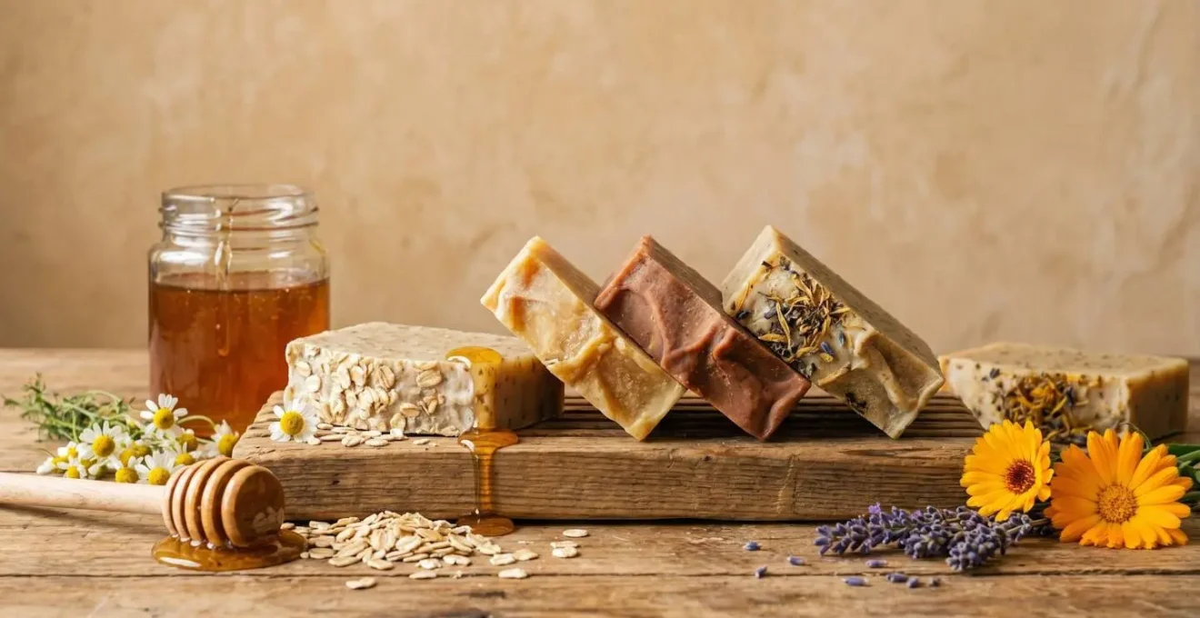 Plusieurs savons solides bio artisanaux posés sur un égouttoir en bois naturel avec des ingrédients bruts autour